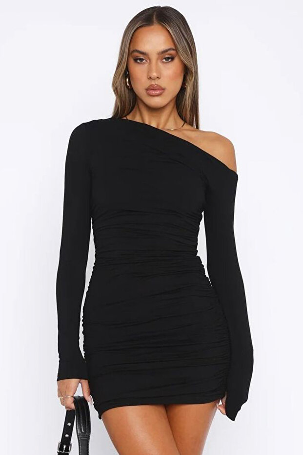 Off Shoulder Gathered Long Sleeve Black Dress 4080
