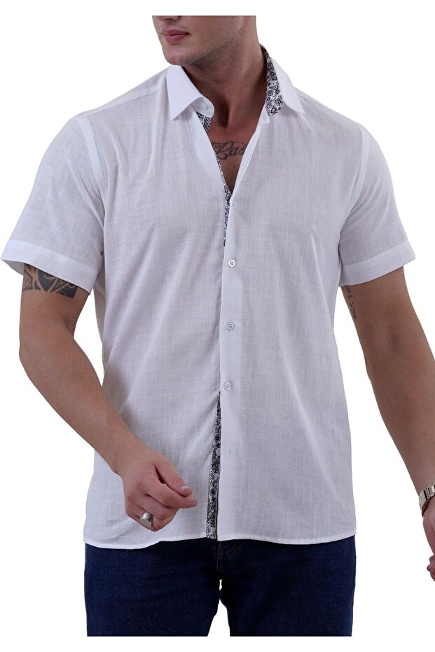 White Flared Linen Black Shawl Pattern Collar and Garni Detailed Slim Fit Short Sleeve Shirt