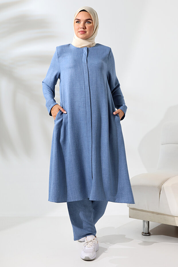 Women's Blue Melange Linen Look Hidden Zipper Haji Umrah Outfit Hijab Double Set