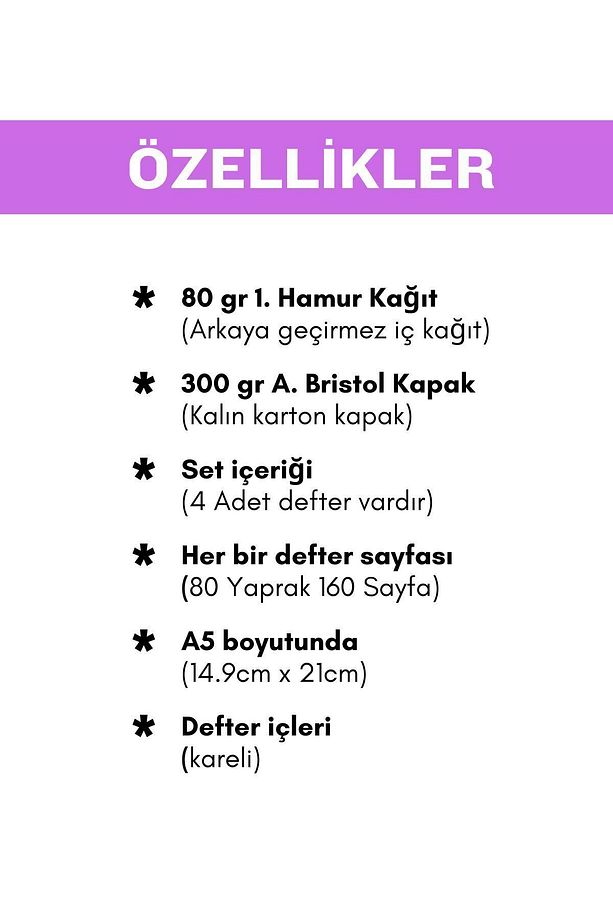 Spiralli Okul Defteri 80 yaprak 4'lü Set - A5 Boy Kareli Defter - 9