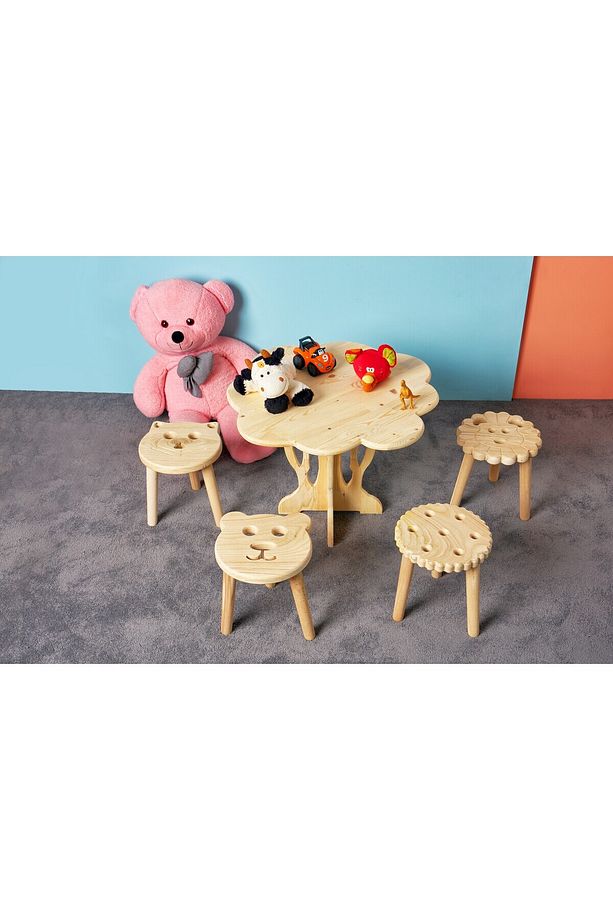 Doğal Masif Ahşap Çocuk Taburesi - Eğlenceli Hayvan Desenleri- Kedi Model. 1 Adet - 6