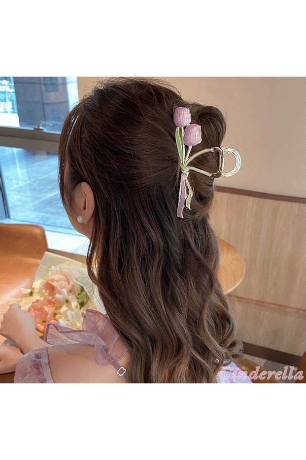 Purple Tulip Floral Model Women's Metal Hairpin Gold - Spring Summer Country Style Bun Hair Accessory