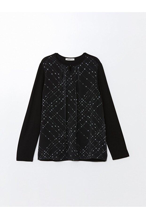 Gemusterte Damenbluse mit langen Ärmeln und Bindekragen - 1