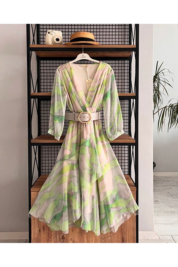 Ewas Design - Double Breasted Collar Midi Patterned Women's Tulle Dress
