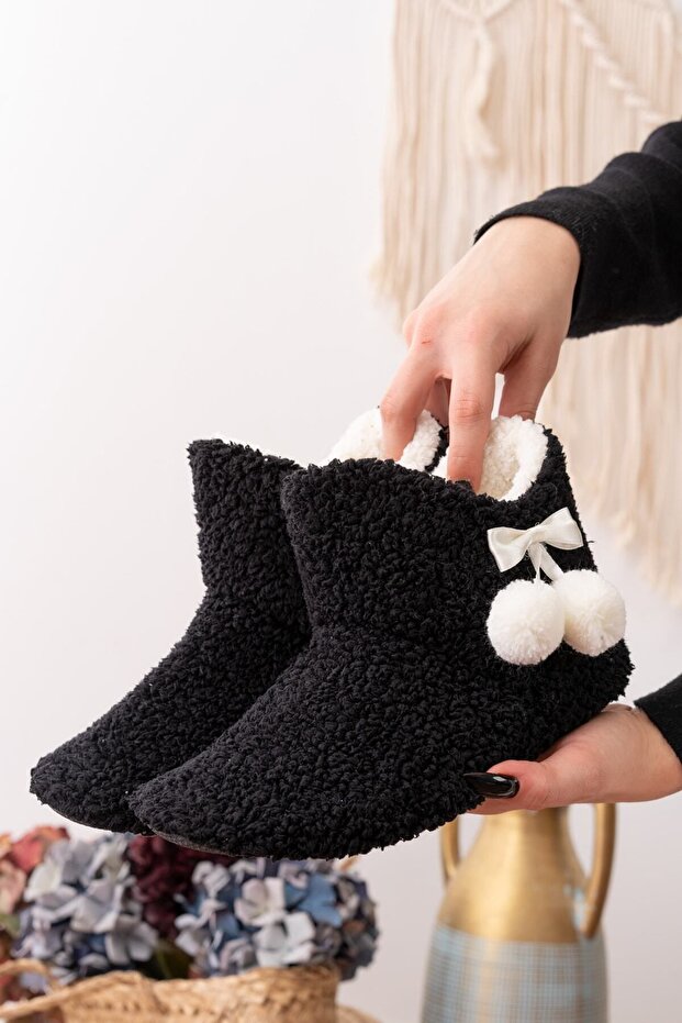 Lamb Fabric Wool Luxury Pompom Detailed Home Boots Home Shoes