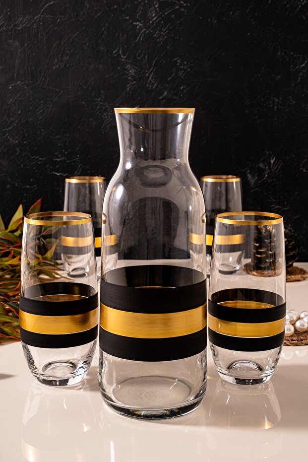 Gst 365 6-Person 7-Piece Black Gold Set Water Glass Set - Gilded Jug