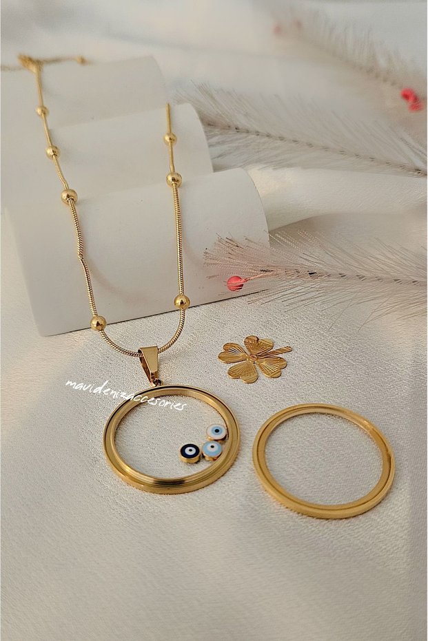 Steel Glass Framed Clover Necklace Dorika Necklace Glass Necklace Steel Dome Necklace