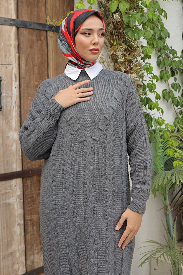 Kadın V Detaylı Saç Örgülü Triko Elbise - 3