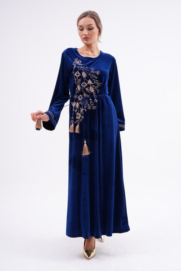 Women's Navy Blue Ethnic Embroidery Detailed Loose Velvet Long Dress