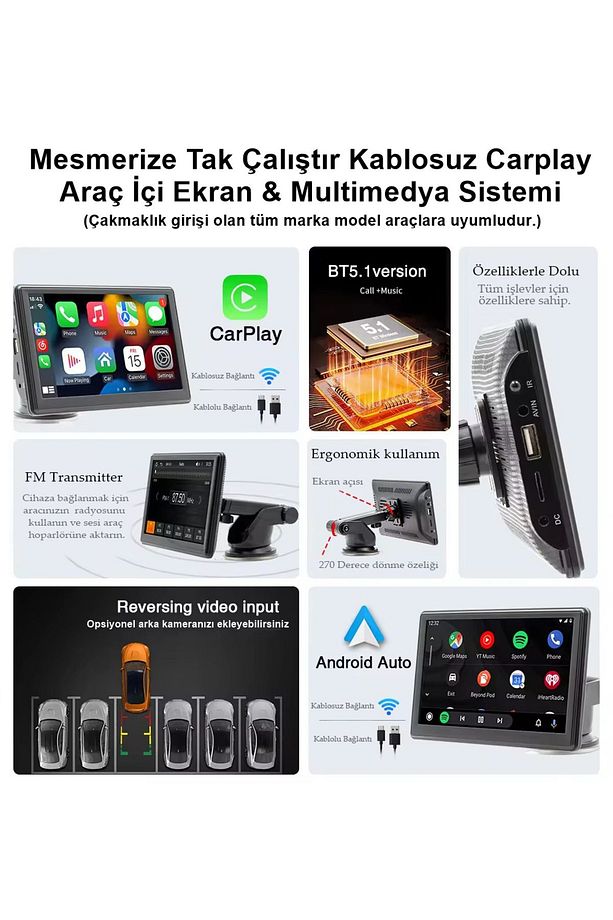 Tak Çalıştır Kablosuz Apple Carplay Ve Android Auto Oto Multimedya Araç Araba Ekran - 3