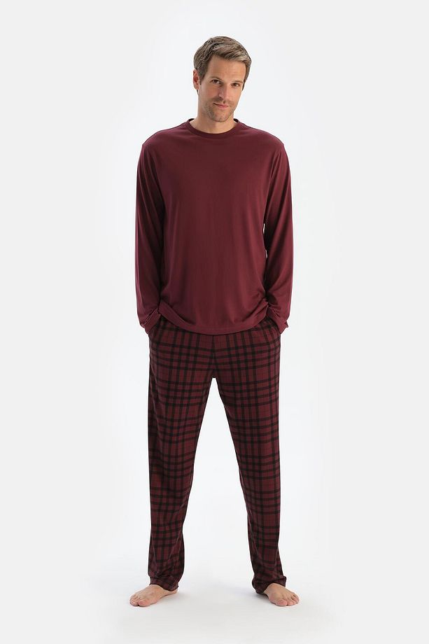 Mürdüm Bisiklet Yaka Uzun Kollu Tişört Pantolon Pijama Takımı - 1