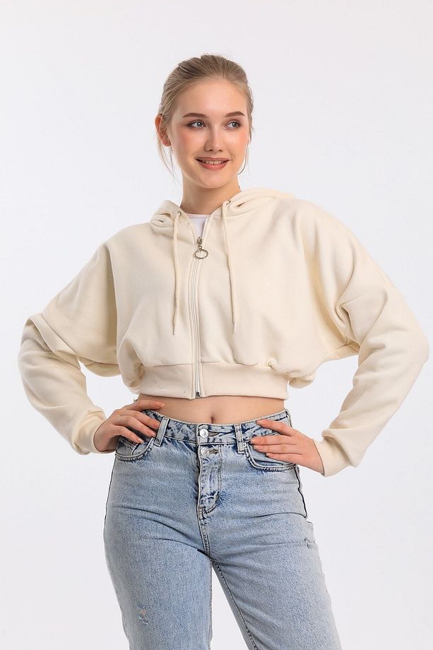 Ekru Oversize Kordon Detaylı Kapüşonlu Fermuarlı Sweat - 3