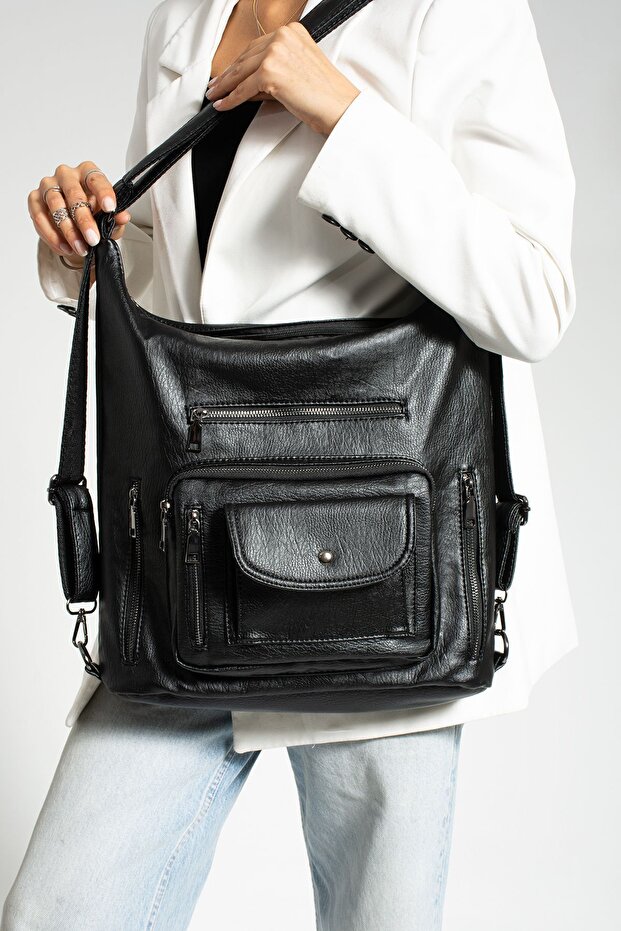 Fiona Women's Black Backpack and Crossbody Bag 10 Compartment Large Bag