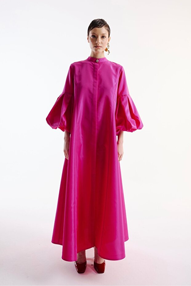 Pleat Sleeve Detailed Taffeta Dress
