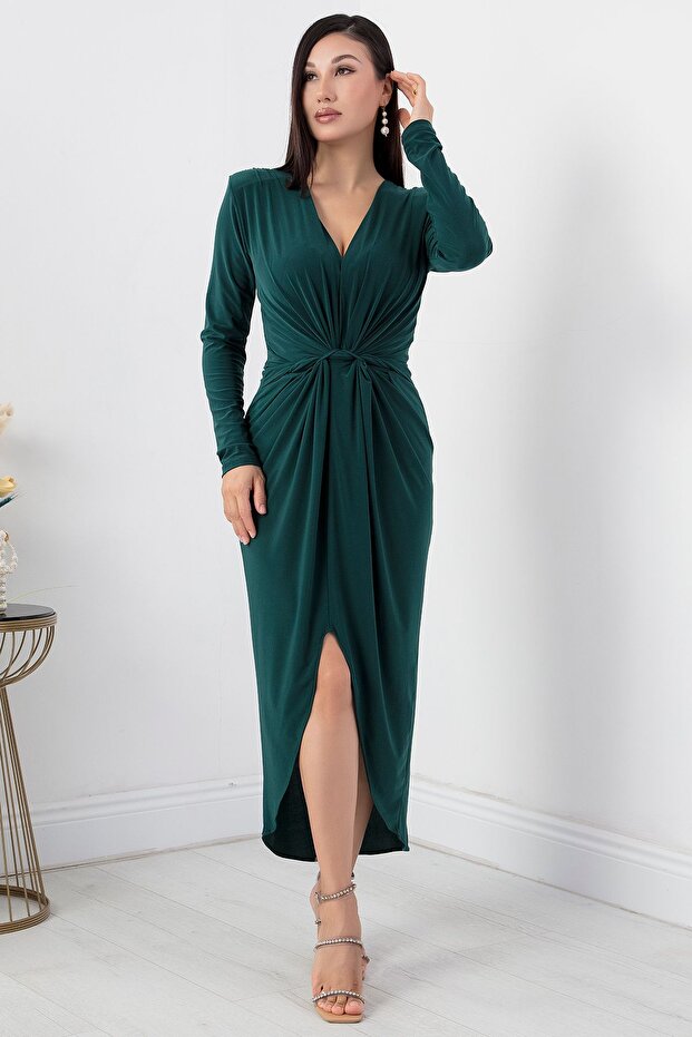 V Yaka Uzun Kol Sandy Elbise NY4411 - 5