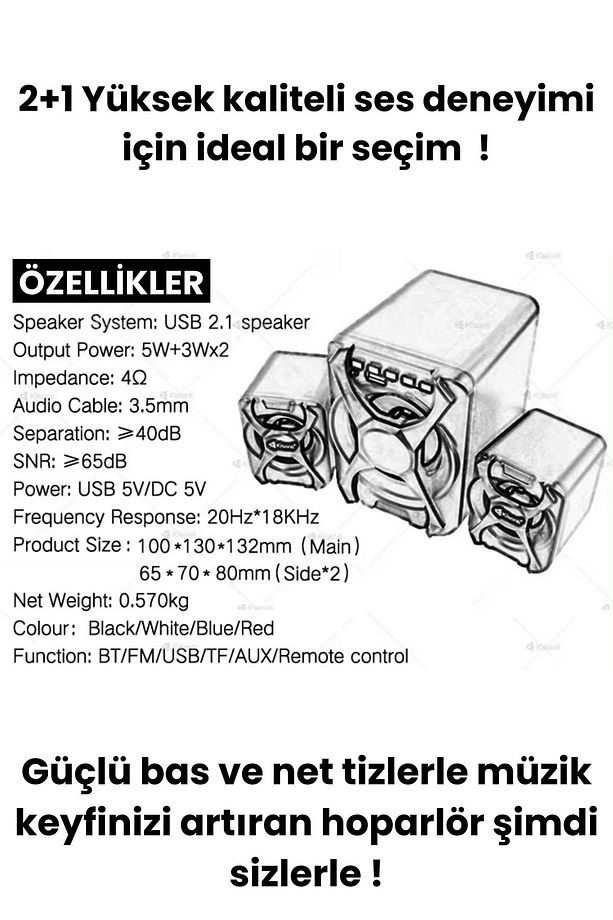A++ Bass Kablolu Hoparlör USB TF KART BLUETOOTH FM RADYO  2+1 PC Laptop Notebook Uyumlu Speaker - 7