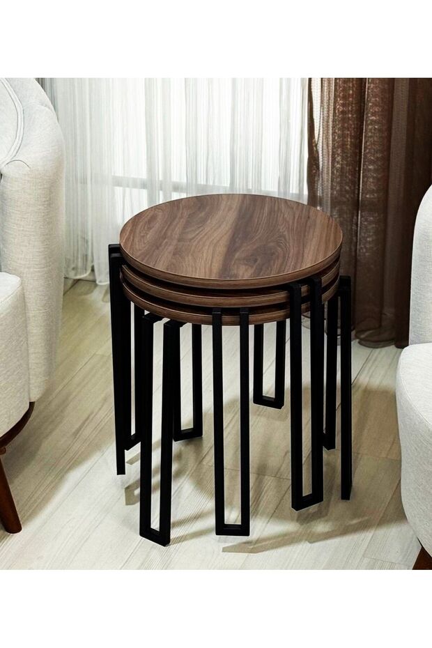 Servis Üçlü Sehpa Yuvarlak Ceviz Tabla Siyah Metal Ayak - 3