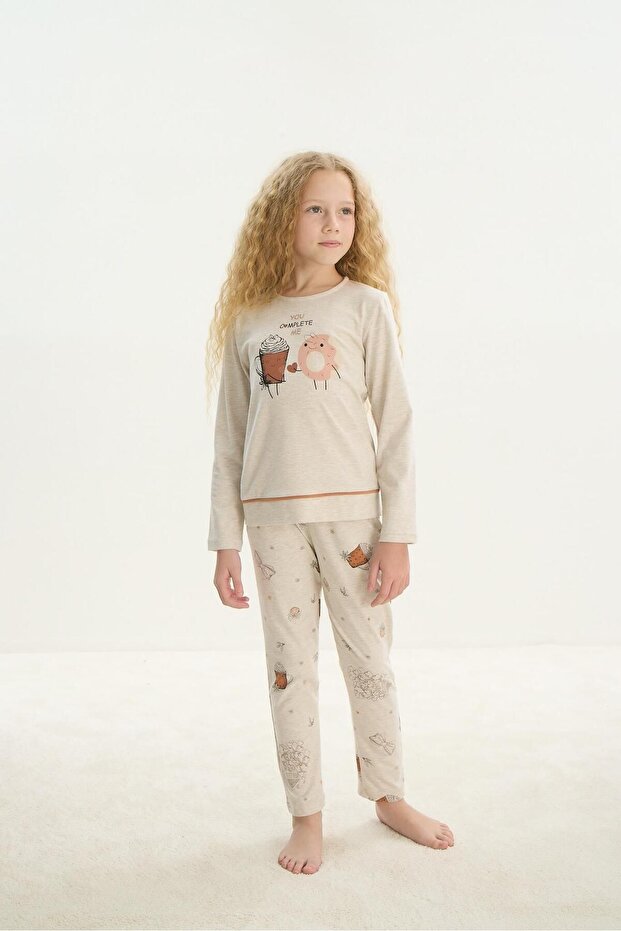 Girl's Long Sleeve Beige Melange Pajama Set C2T1N7O8