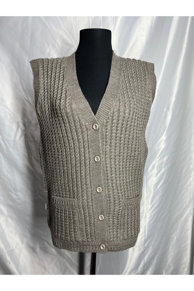 Women's V-Neck Thick Wool Hair Knitted Knitwear Buttoned Pocket Mother Vest
