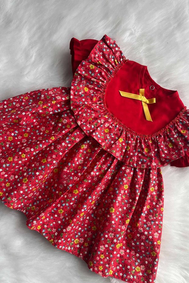 Floral Red Baby Girl Dress with Ruffle Detail
