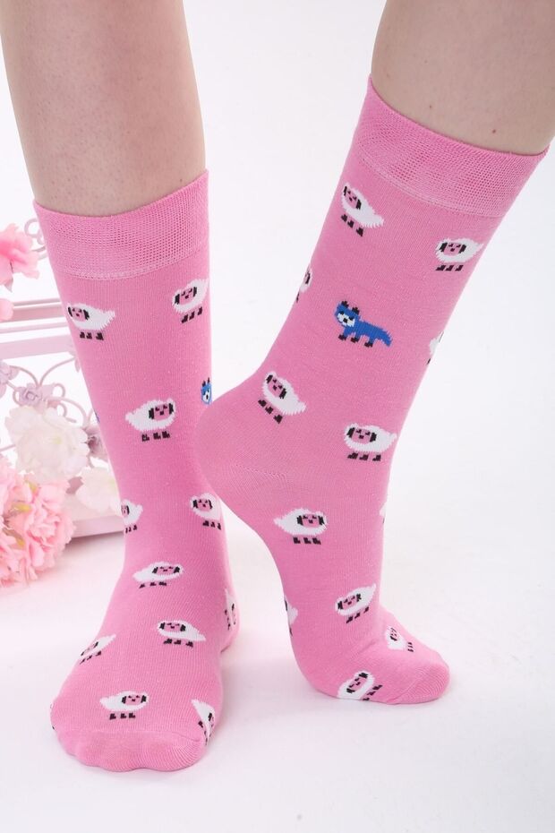 الجوارب الملونة الوردية منقوشة الأغنام - 1