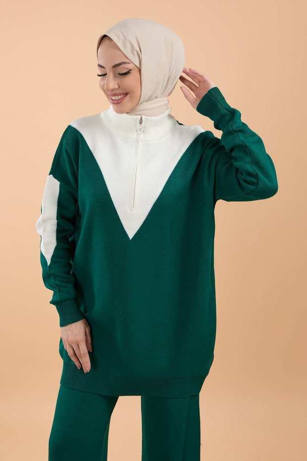 Straight Half Turtleneck Women's Green Knitwear Tunic Pants - 23792