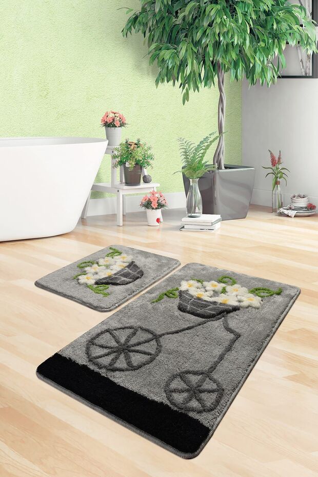 Alaçatı Gri 2'li Set Banyo Halısı Yıkanabilir, Kaymaz Taban Akrilik - 1