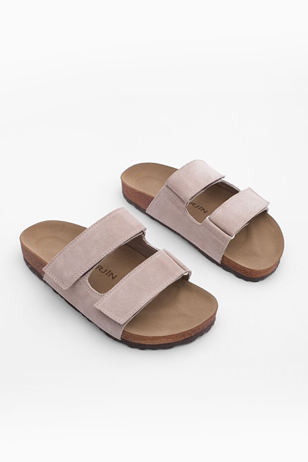 Damen Hausschuhe mit doppeltem Riemen und Klettverschluss und Eva-Sohle Mester Beige Wildleder - 5