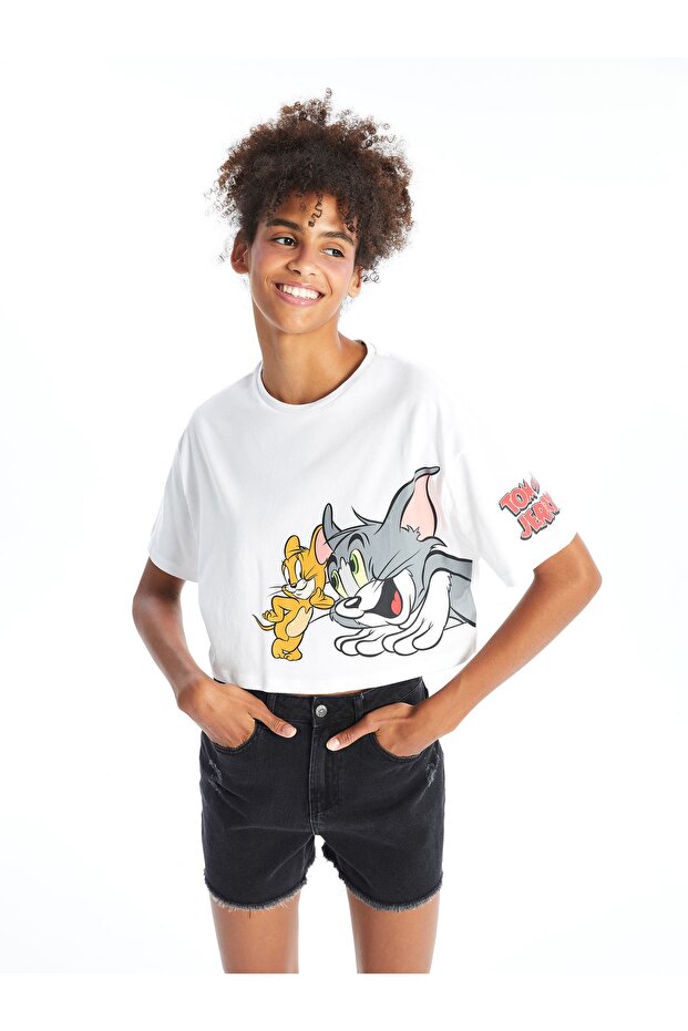 Crew Neck Tom&Jerry Printed Short Sleeve Oversize Women's T-Shirt