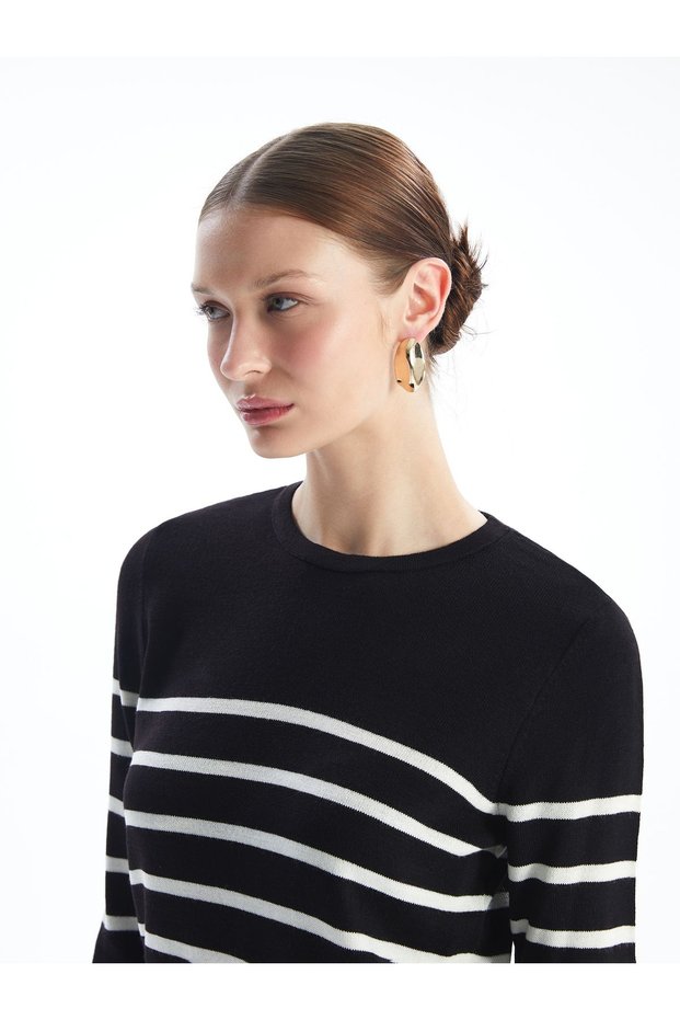 Crew Neck Striped Long Sleeve Women's Knitwear Sweater - W4Bq74Z8