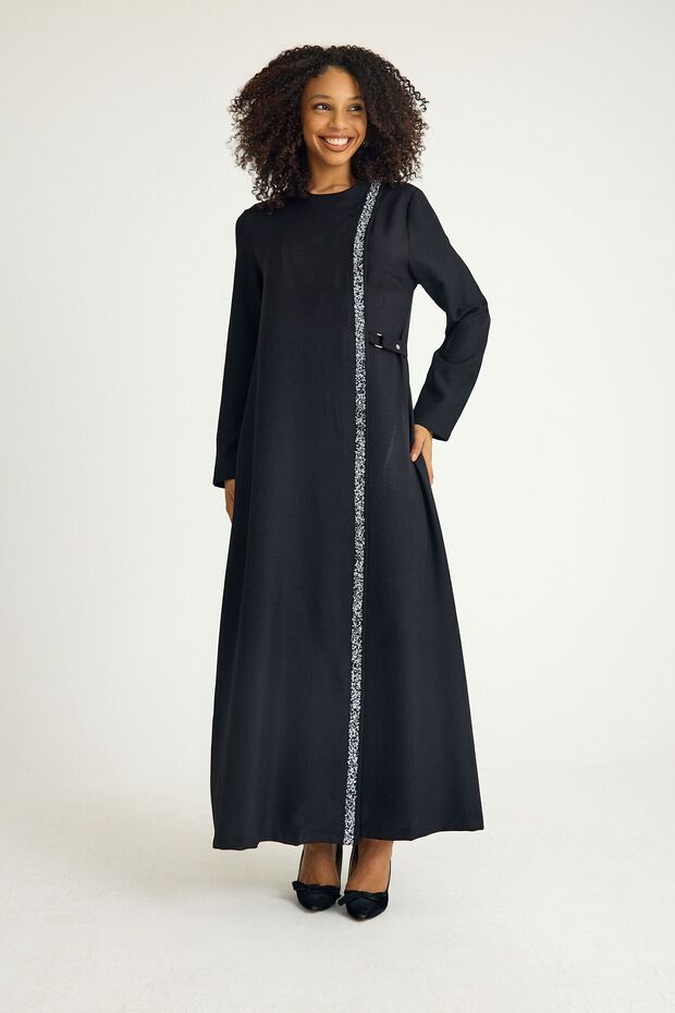 Black Long Abaya Ferace - Stone Detailed Lace up