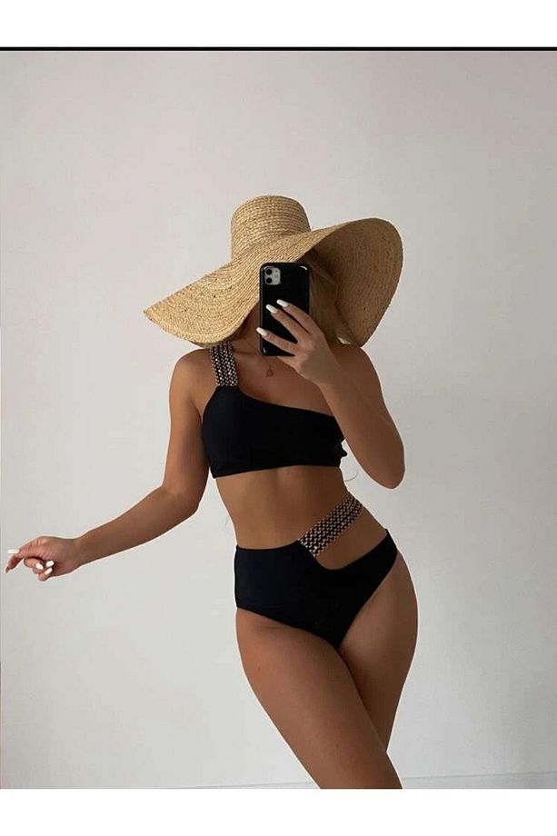 Kadın Siyah Simli Tek Omuz Kurdele Nakış Lastik Detaylı Yüksek Bel Astarlı Şık Bikini Takımı - 5