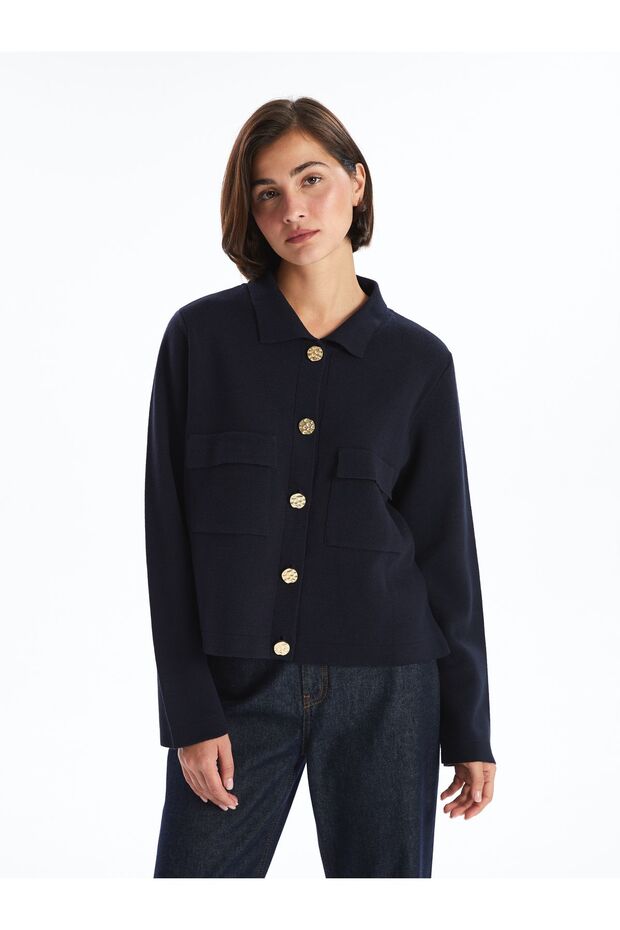 Gömlek Yaka Kadın Triko Hırka - 1