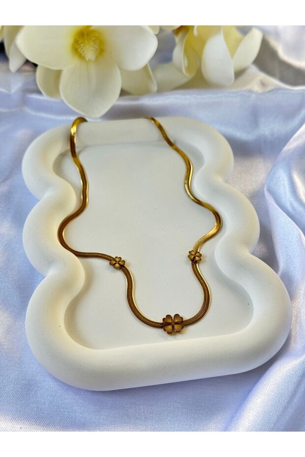 3 Yoncalı Gold Çelik Kolye-Standart - 2