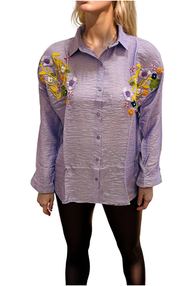 Women's Oversize Lilac Floral Beaded and Embroidered Buttoned Linen Shirt