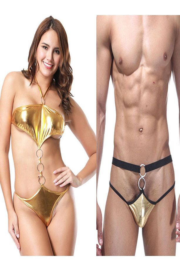 Çiftlere Özel Önü Halkalı Seksi Sarı Lame Babydol ve String Set - 1
