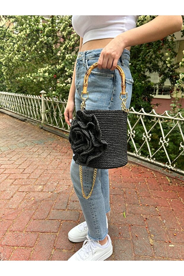 Hasır örgü yuvarlak omuz çantası - 8