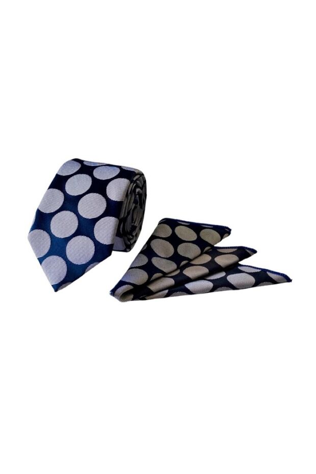 Navy Blue Silver Polka Dot Pattern Handkerchief Tie 4214-7mk