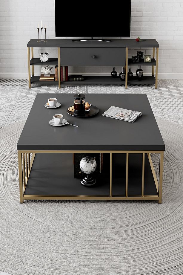 - Zenn 90x90x40 Cm Antrasit Orta Sehpa - 3.6 Cm Kalınlıkta Üst Tabla - 2