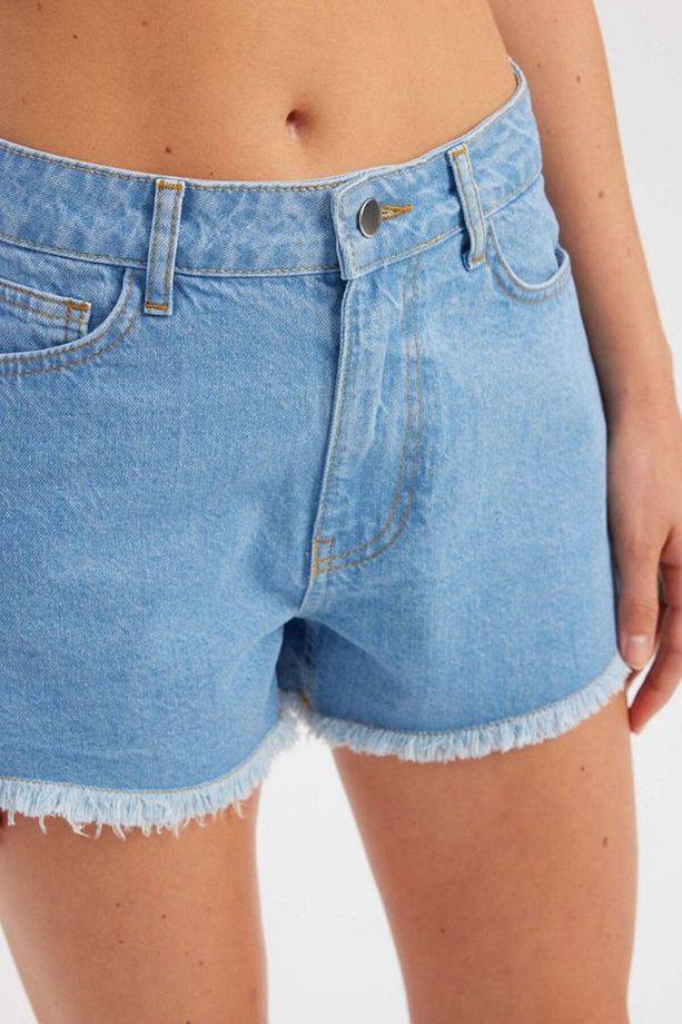 Koyu Renk Yüksek Bel Denim Şort - 5