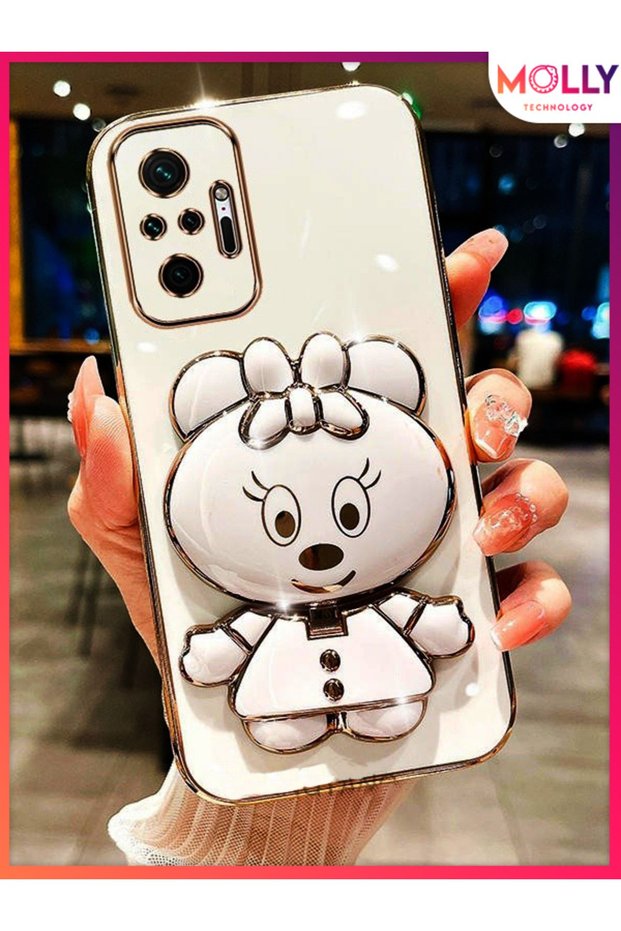 Luxury Silicone Case for Xiaomi Redmi Note 10 Pro with Pearl White Minnie Stand and Gold Detail on the Sides