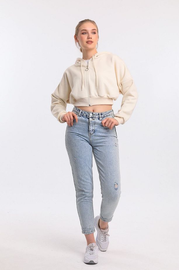 Ekru Oversize Kordon Detaylı Kapüşonlu Fermuarlı Sweat - 2