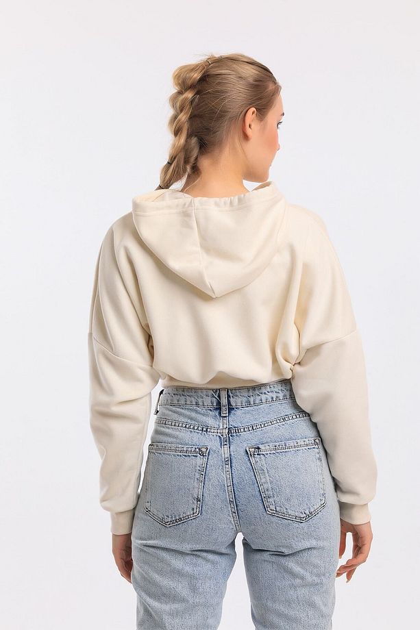Ekru Oversize Kordon Detaylı Kapüşonlu Fermuarlı Sweat - 4