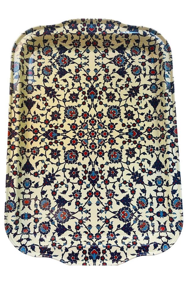 Metal Çay Tepsisi, Kilim Desenli, Şık Sunum Tepsisi 32*22cm - 5