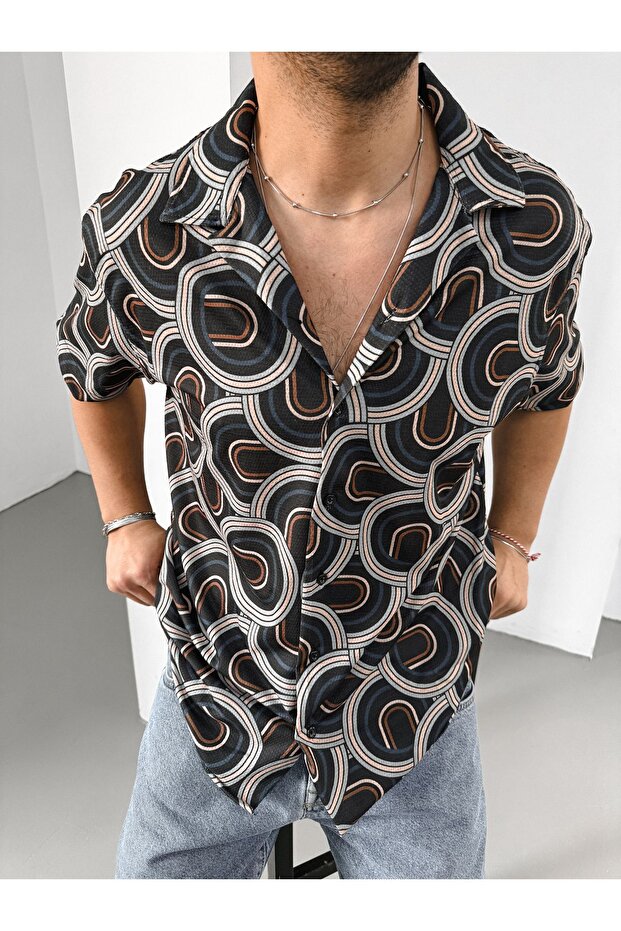 Men's Short Sleeve Patterned Mono Collar Oversize Summer Shirt