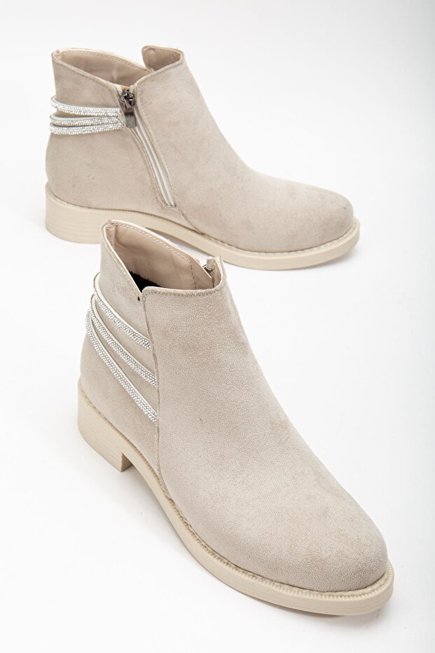 Women's Nude Suede Thermo Sole Three Stone Rope Zippered Short Heeled Boots