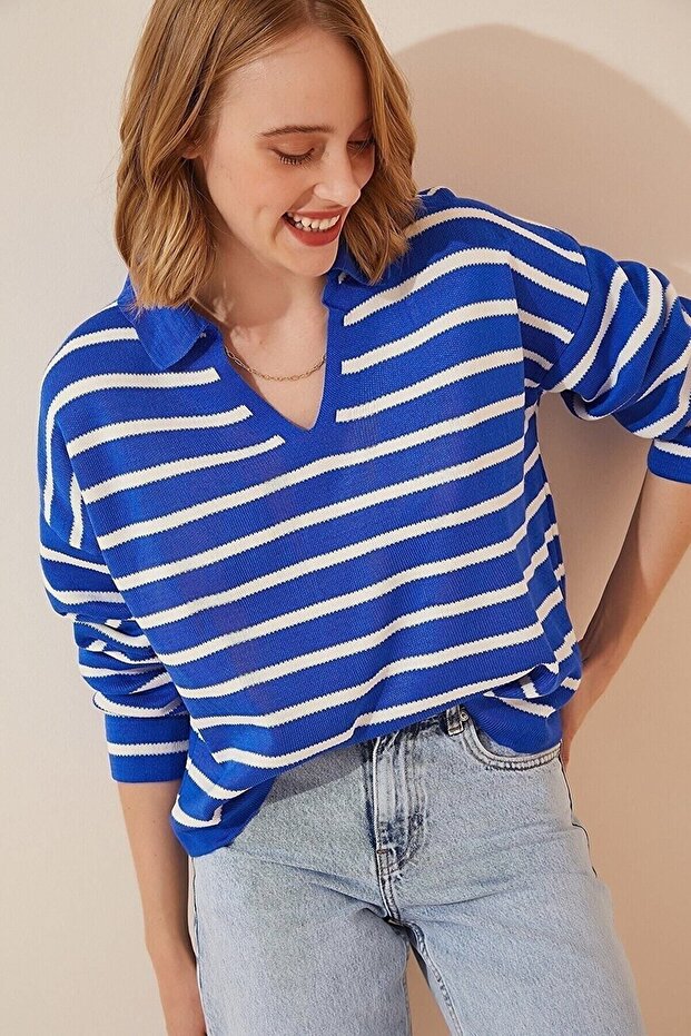 Women's Striped Polo Collar Knit Sweater
