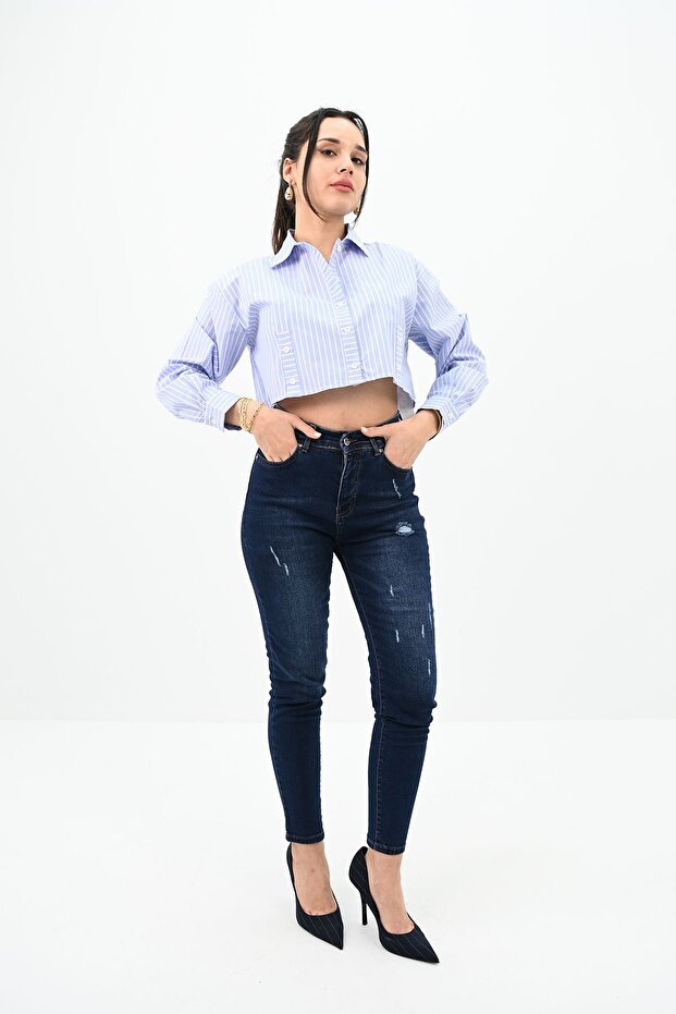 Women's Striped Blue Crop Shirt 1738-24