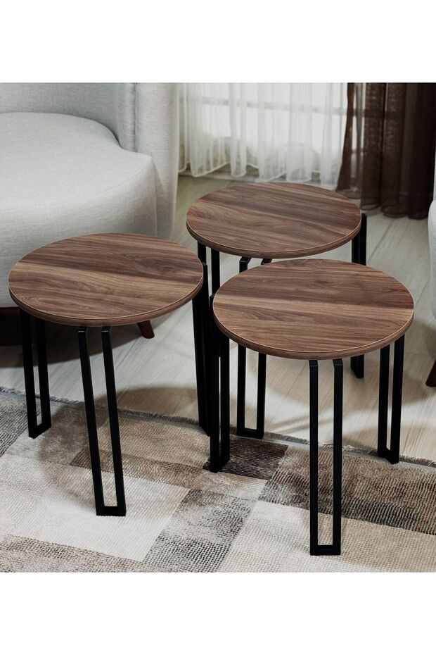 Servis Üçlü Sehpa Yuvarlak Ceviz Tabla Siyah Metal Ayak - 5