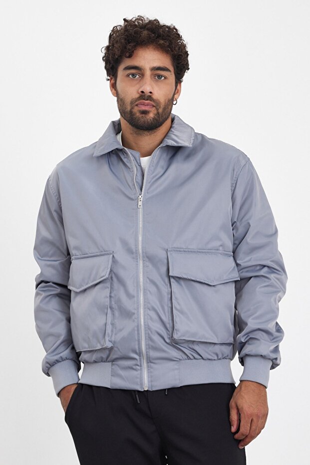 New Season Men's Seasonal Light Gray Zippered Bomber Jacket Mz56112